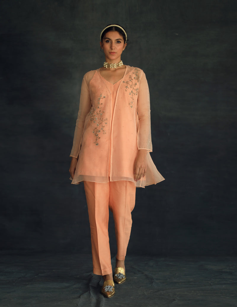 Apricot Zahi Silk Organza Cape Set